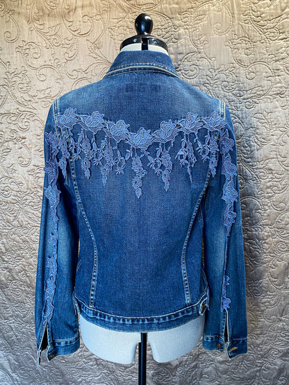 Upcycled Denim Jacket, Boho Style with Lace Appliqué - Floral Lace Embellishments - Sustainable Fashion - One of a Kind Jean Jacket - Size Small