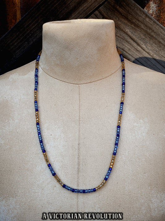 Blue and Gold Beaded Single Strand Necklace, Retro Style, Vintage Seed Bead Jewelry