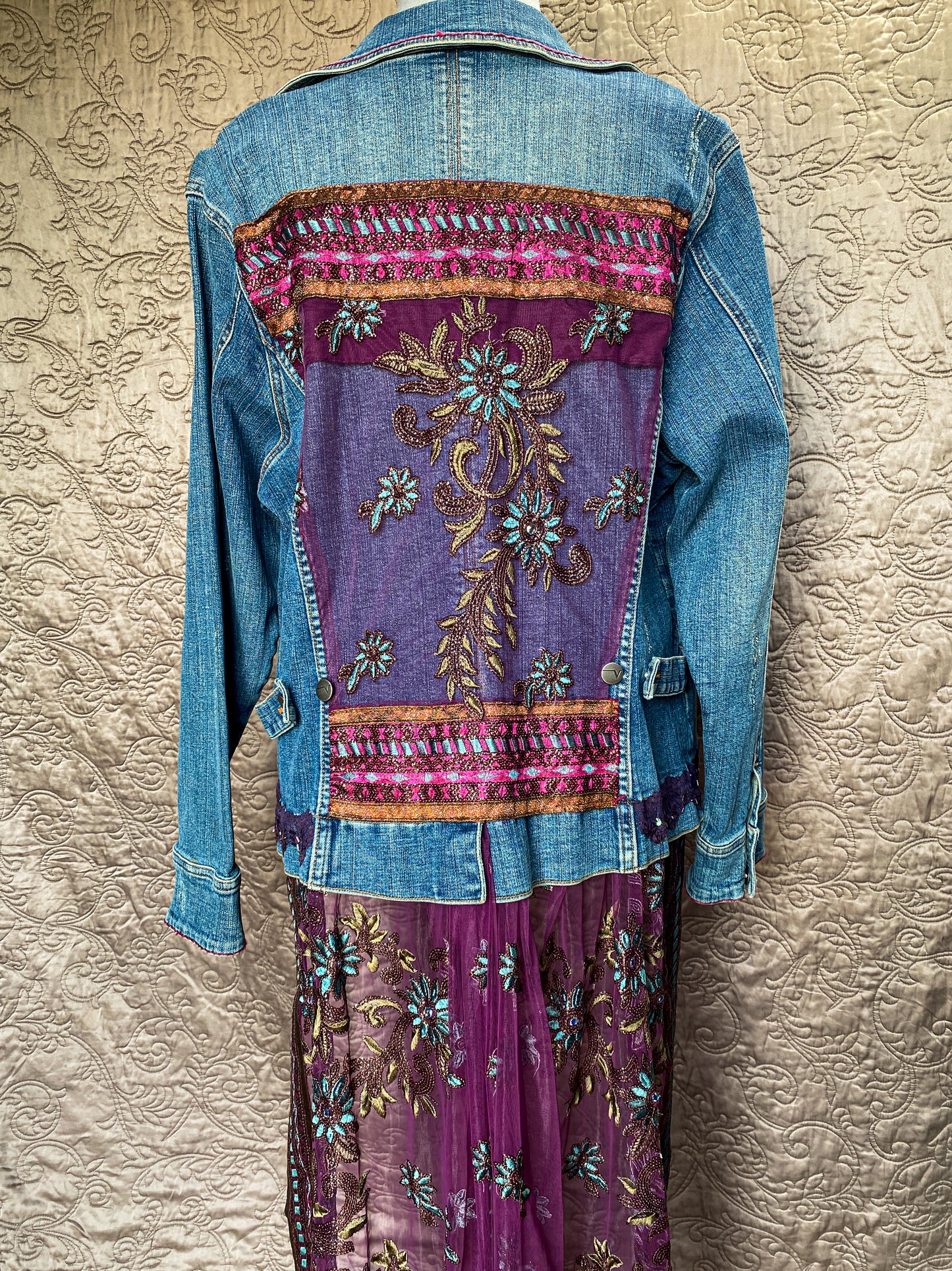 Blue + Purple Upcycled Denim Jacket with Sheer Embroidered Skirt - Boho Chic Artisan Wear - Plus Size 18/20 - Embellished - One-of-a-Kind - Floral Embroidery + Lace Trim