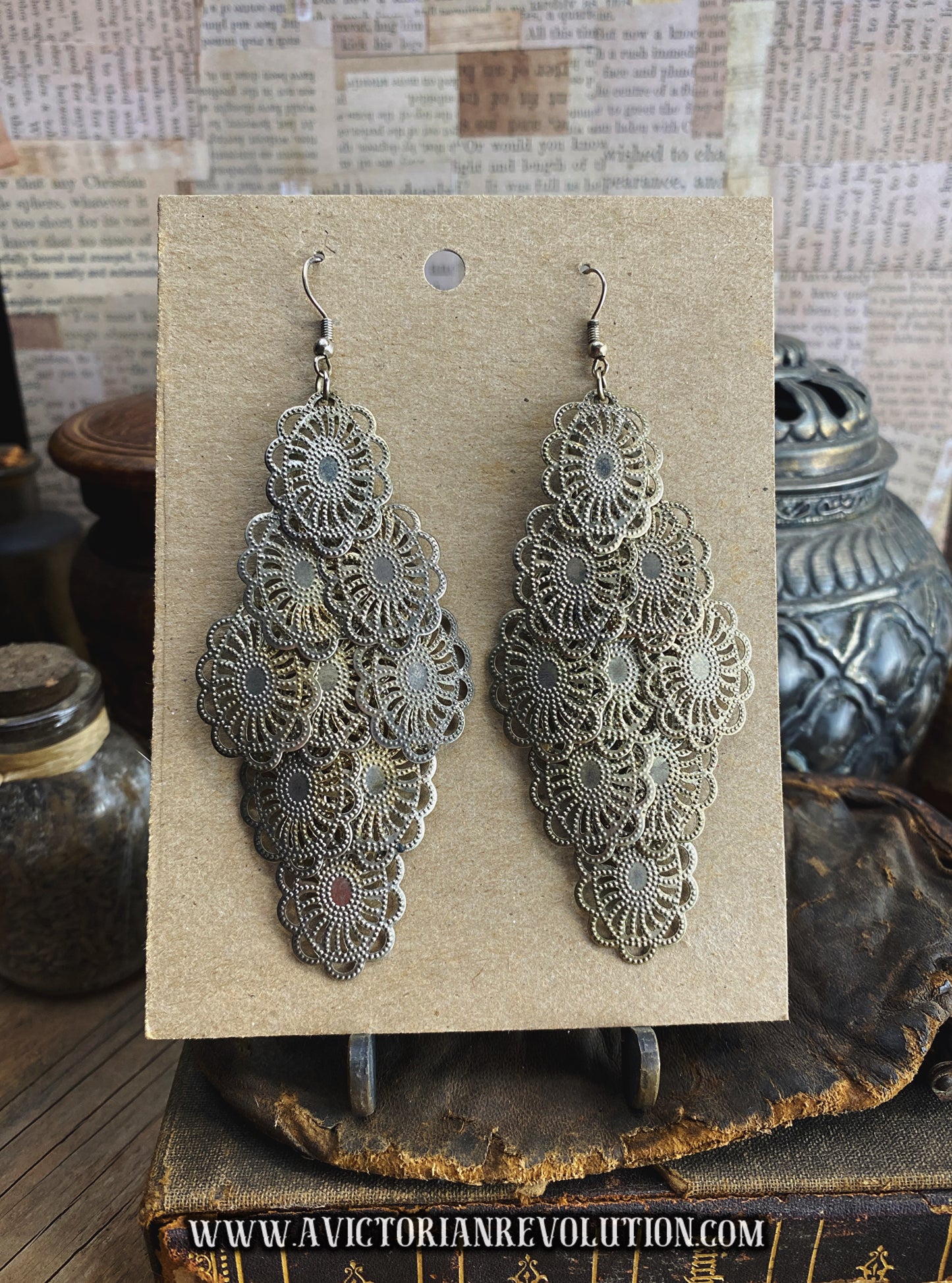 Large Silver Tone Multi-Tier Filigree Chandelier Earrings - Vintage Bohemian Style - Boho Statement Dangles - Used Costume Jewelry