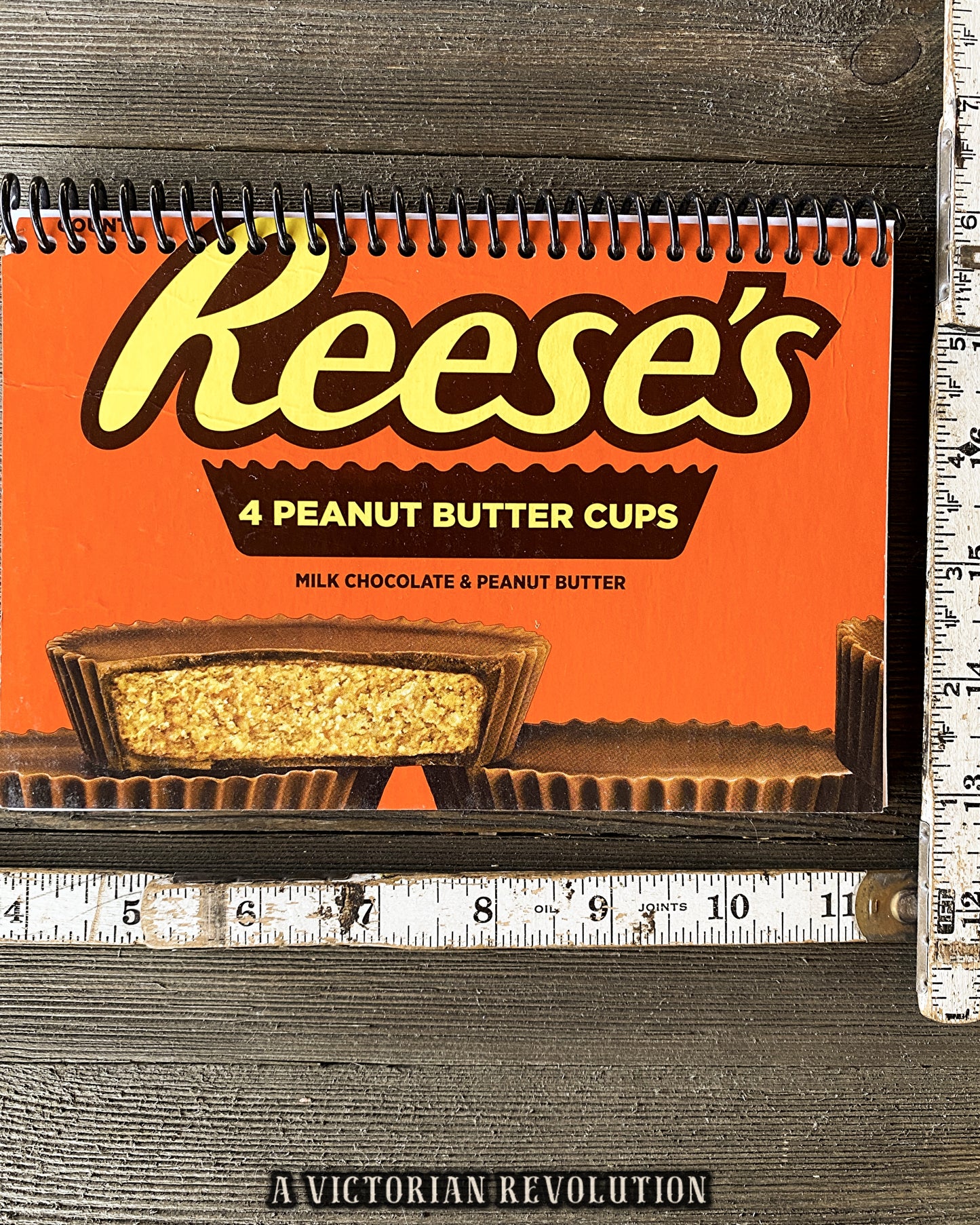 Handmade Upcycled Reese’s Peanut Butter Cup Candy Wrapper Spiral Notebook Journal – Recycled Chocolate Snack Packaging Stationery – Unique Eco-Friendly Gift for Candy Lovers