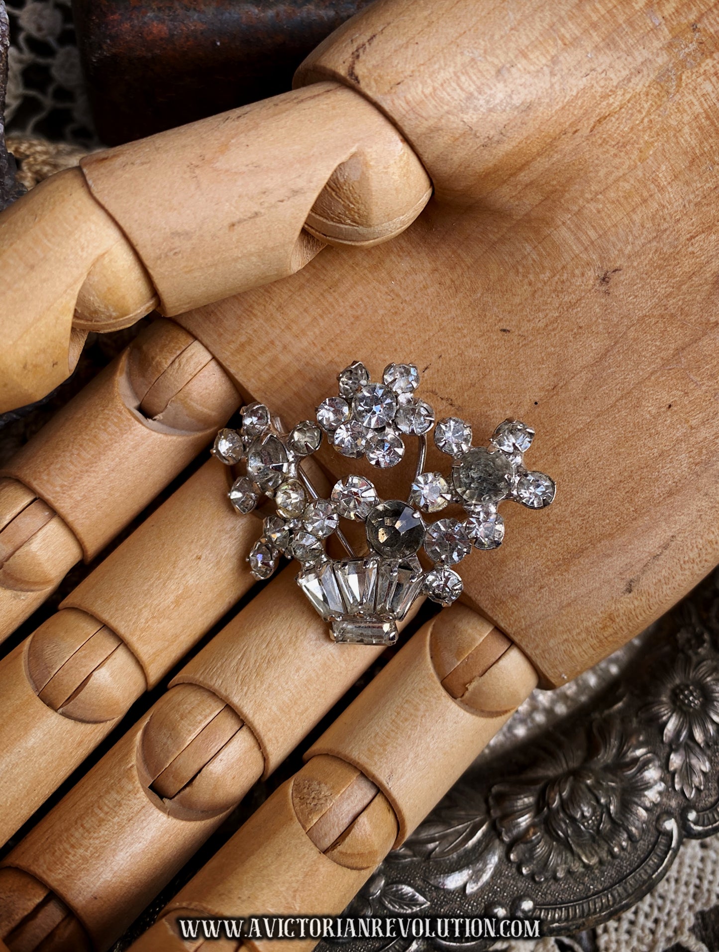 Clear Rhinestone Flower Basket Brooch - Silver Tone - Baguette and Round Crystals - Vintage - 1950s