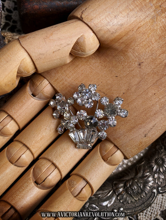 Clear Rhinestone Flower Basket Brooch - Silver Tone - Baguette and Round Crystals - Vintage - 1950s