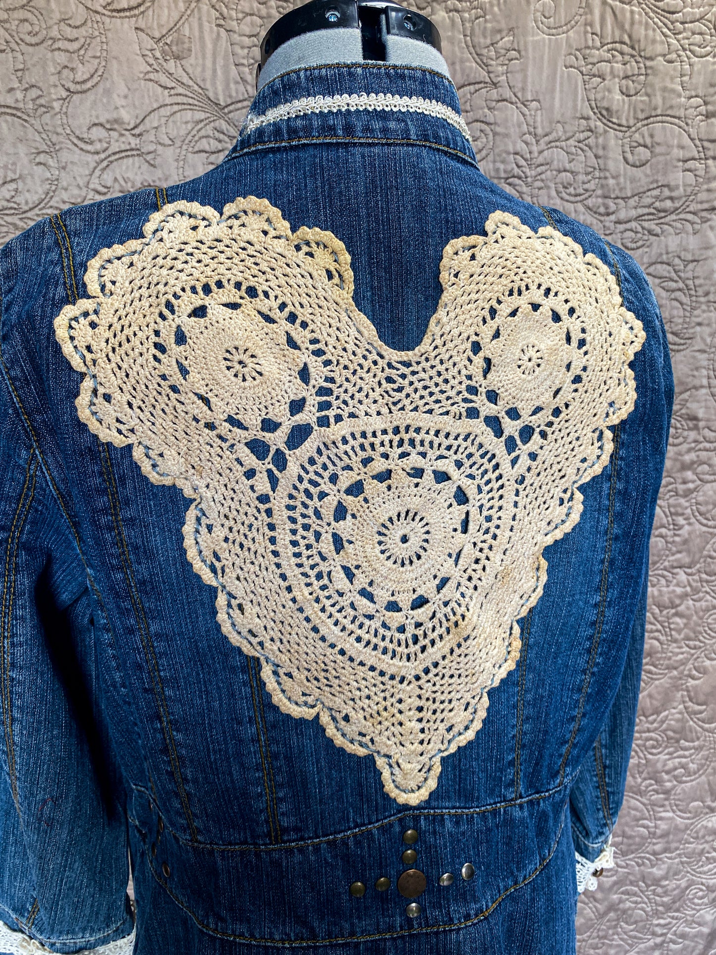 Denim Short Jacket w Studs and Heart on Back - Large