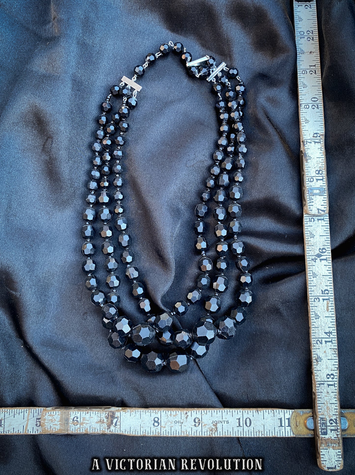 Black, Triple Strand, Faceted Bead, 1960s Style, Retro Bib Necklace