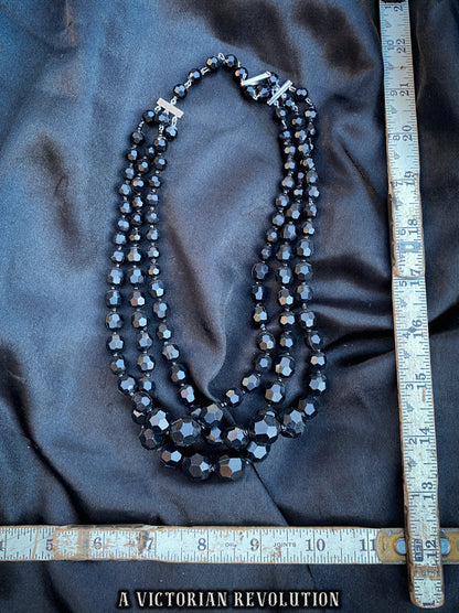 Black, Triple Strand, Faceted Bead, 1960s Style, Retro Bib Necklace