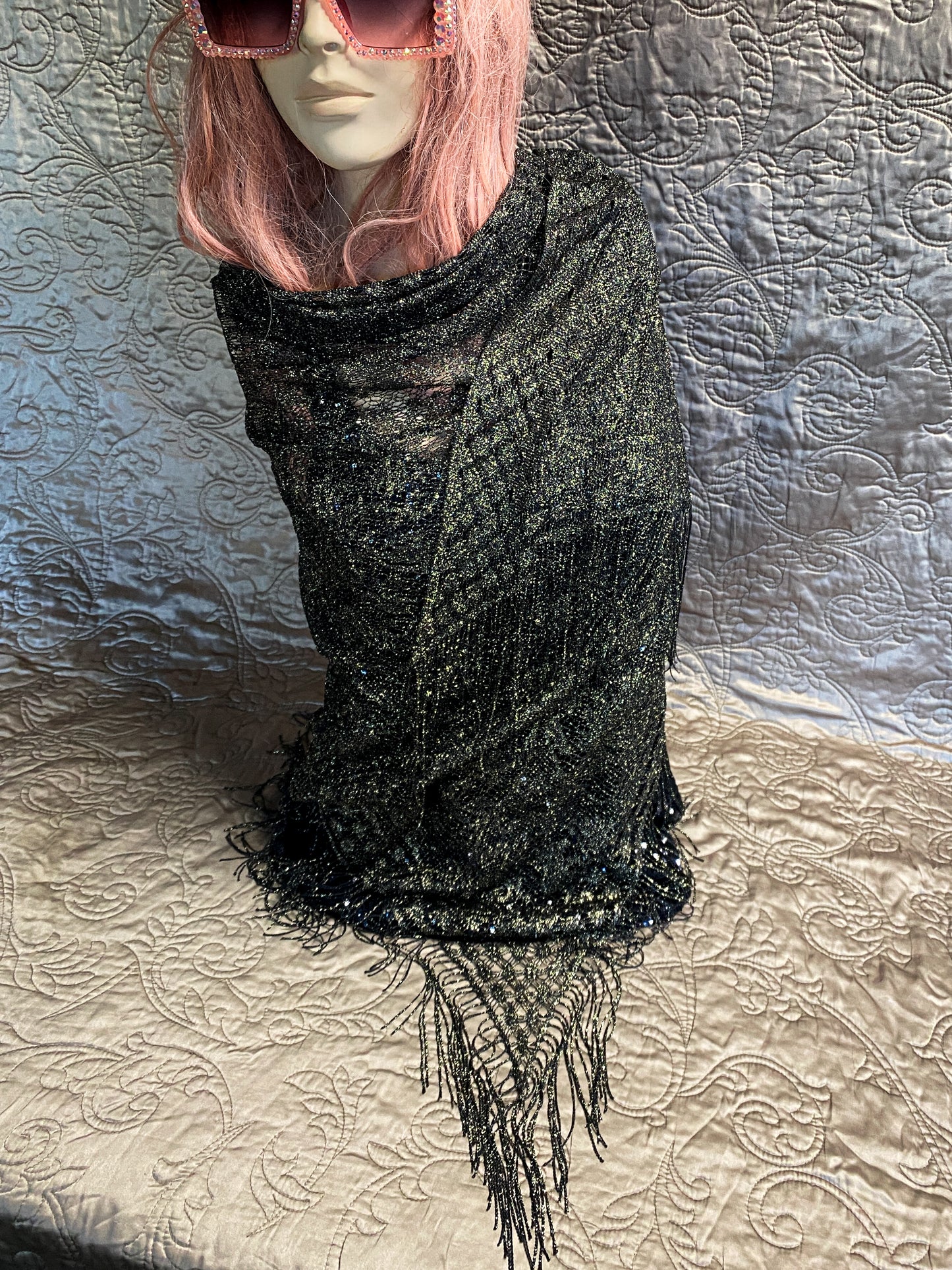 Black and Gold Metallic Glitter Lace Shawl - Knotted Fringe, Loose Knit - Glam Evening Scarf