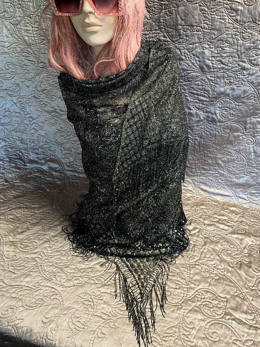 Black and Gold Metallic Glitter Lace Shawl - Knotted Fringe, Loose Knit - Glam Evening Scarf