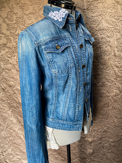 Denim Upcycled Jacket with Lace Trim - Boho Shabby Chic - Size Small - Vintage Style - Cropped Fit - Hand Embellished
