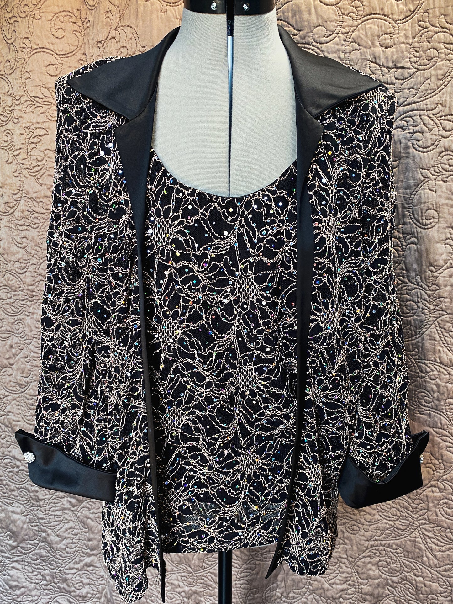 Black and Gold Metallic Lace One-Piece Jacket - Sequin Embellishments, Satin Trim, and Rhinestone Buttons - Formal Evening Blazer - Size 14