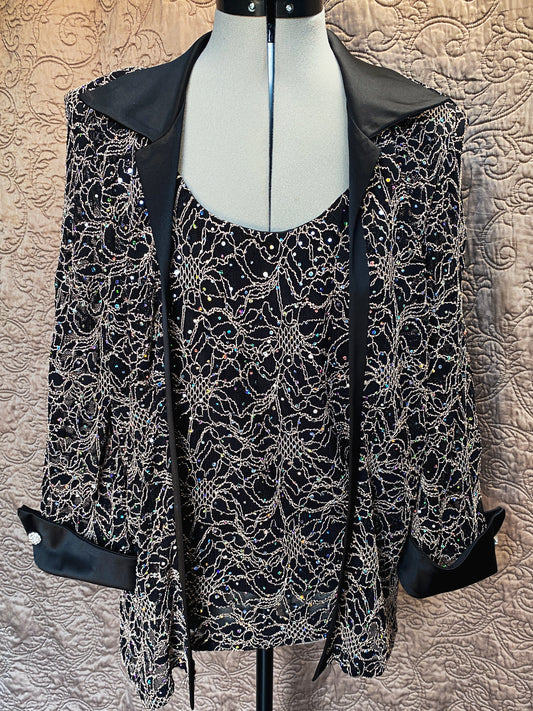 Black and Gold Metallic Lace One-Piece Jacket - Sequin Embellishments, Satin Trim, and Rhinestone Buttons - Formal Evening Blazer - Size 14