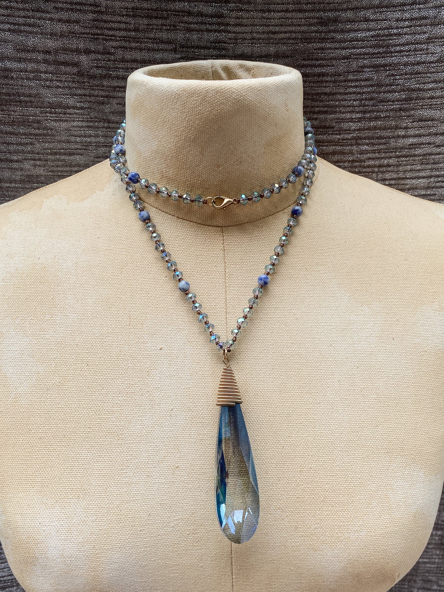 Long Sodalite And Blue Faceted Bead Necklace, Large Teardrop Pendant, Retro Boho Style, Elegant Cobalt And Marbled Blue