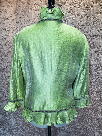 Iridescent Chartreuse Green Ruffled Jacket - Pleated Trim, Avant-Garde, Victorian Blouse - Size XL