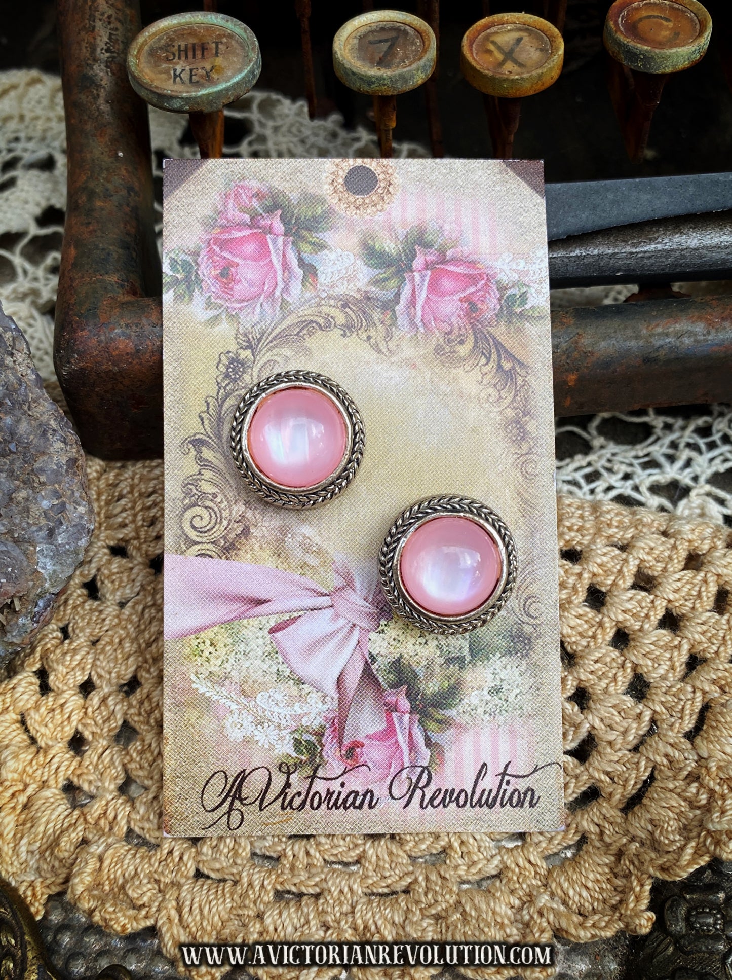 Pink Retro Cabochen - Silver Tone Twisted Rope Border - Round Stud Earrings