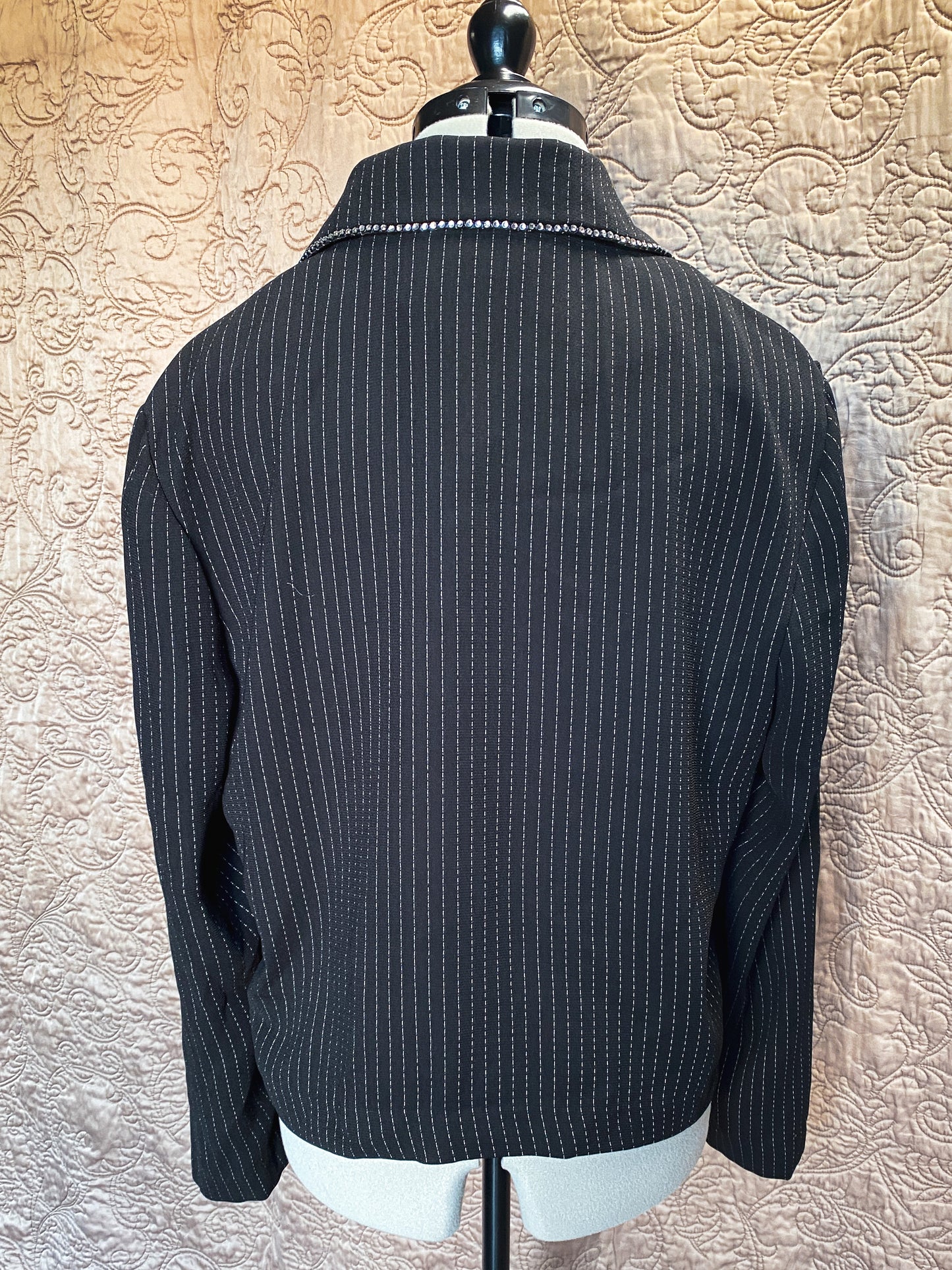 Black Pinstripe Rhinestone Trimmed Blazer - Embellished Jacket - Classic Style - Size 12