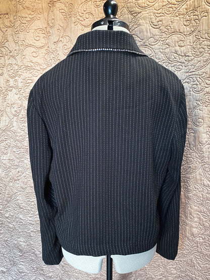 Black Pinstripe Rhinestone Trimmed Blazer - Embellished Jacket - Classic Style - Size 12