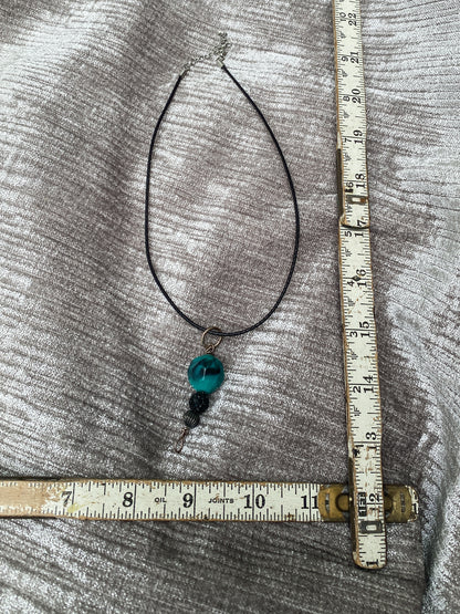 Teal Plastic Bead Drop Pendant - Black Cord Necklace - Minimalist Retro Style