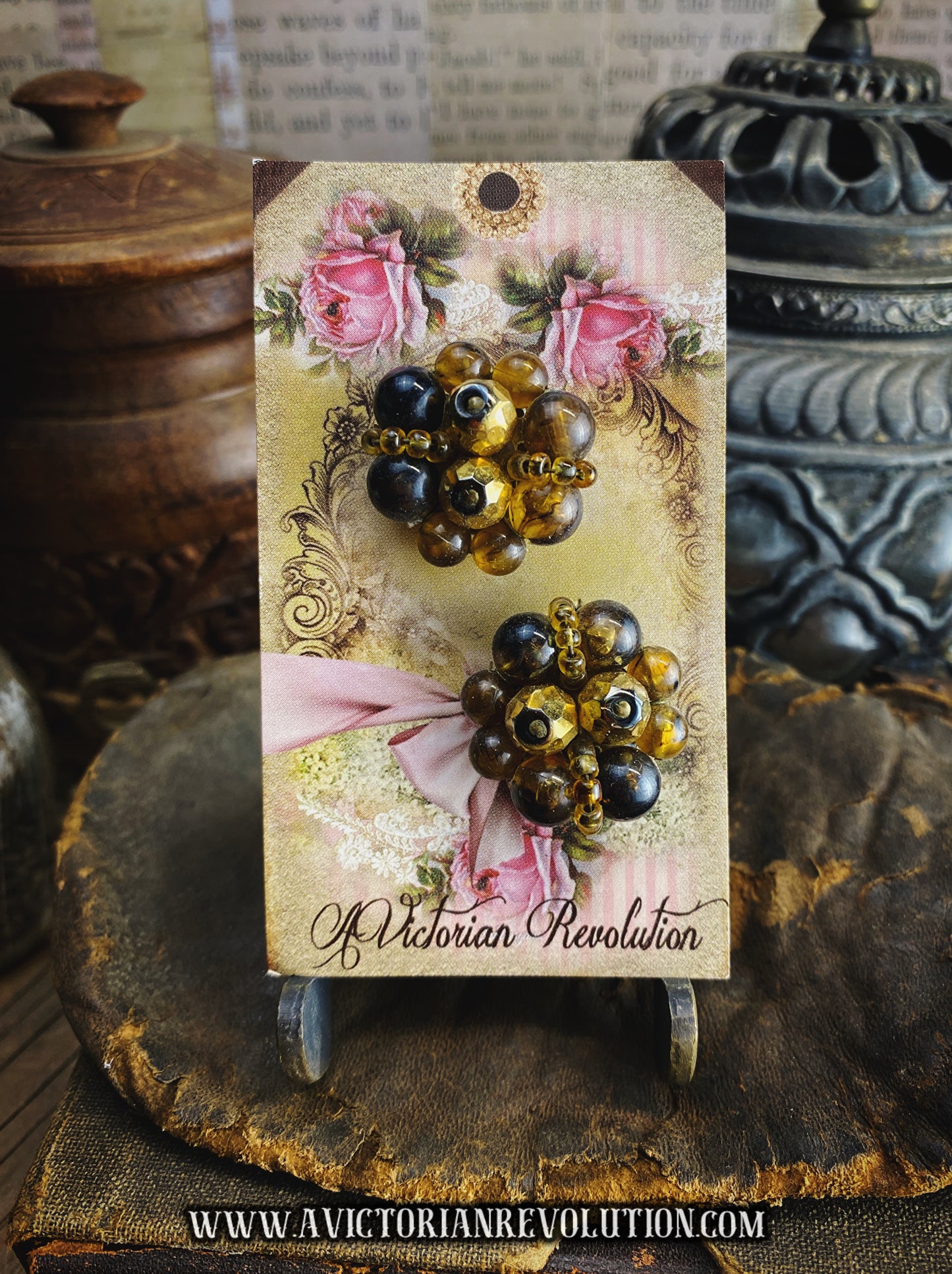 Amber and Brown Cluster Bead Clip On Earrings - Vintage - 1960s