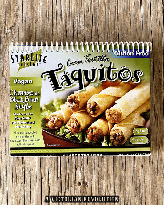 Upcycled Starlite Cuisine Vegan Chorizo + Black Bean Corn Tortilla Taquitos Box Handmade Spiral Notebook Eco-Friendly Plant Based Vegetarian Gift