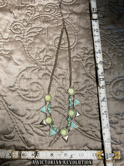 Mint Green and Teal Geometric Statement Necklace – Gold Tone Art Deco Revival Necklace - Costume Jewelry