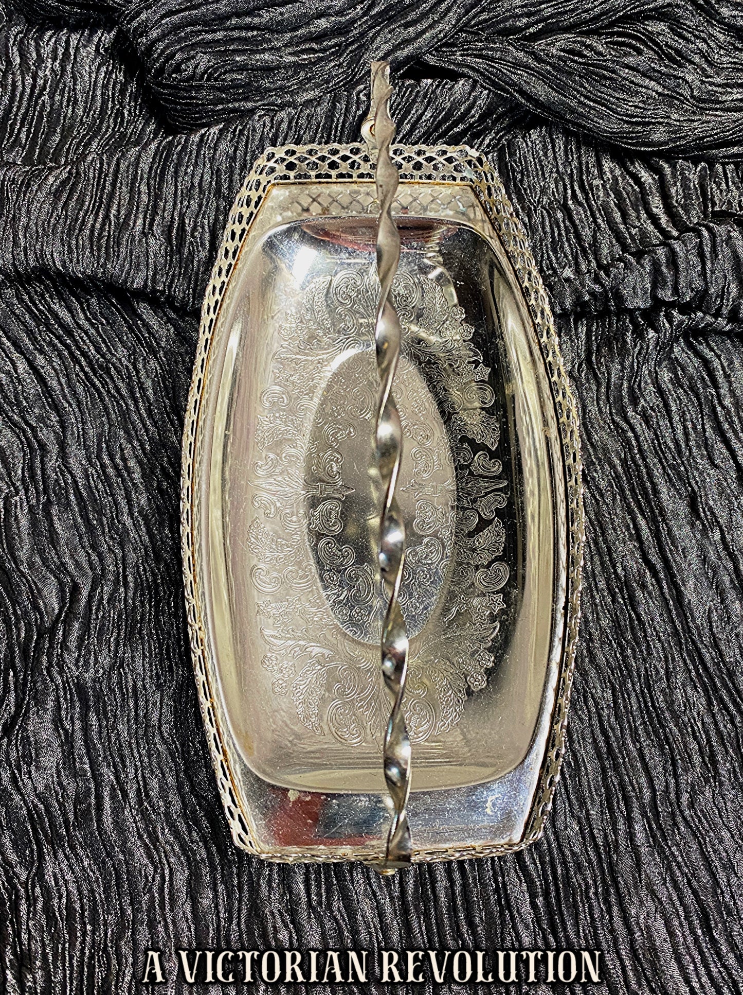 Silver-Plated Serving Tray/Basket - 1950s Vintage - Etched Floral Center - Twisted Swing Handle