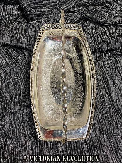 Silver-Plated Serving Tray/Basket - 1950s Vintage - Etched Floral Center - Twisted Swing Handle