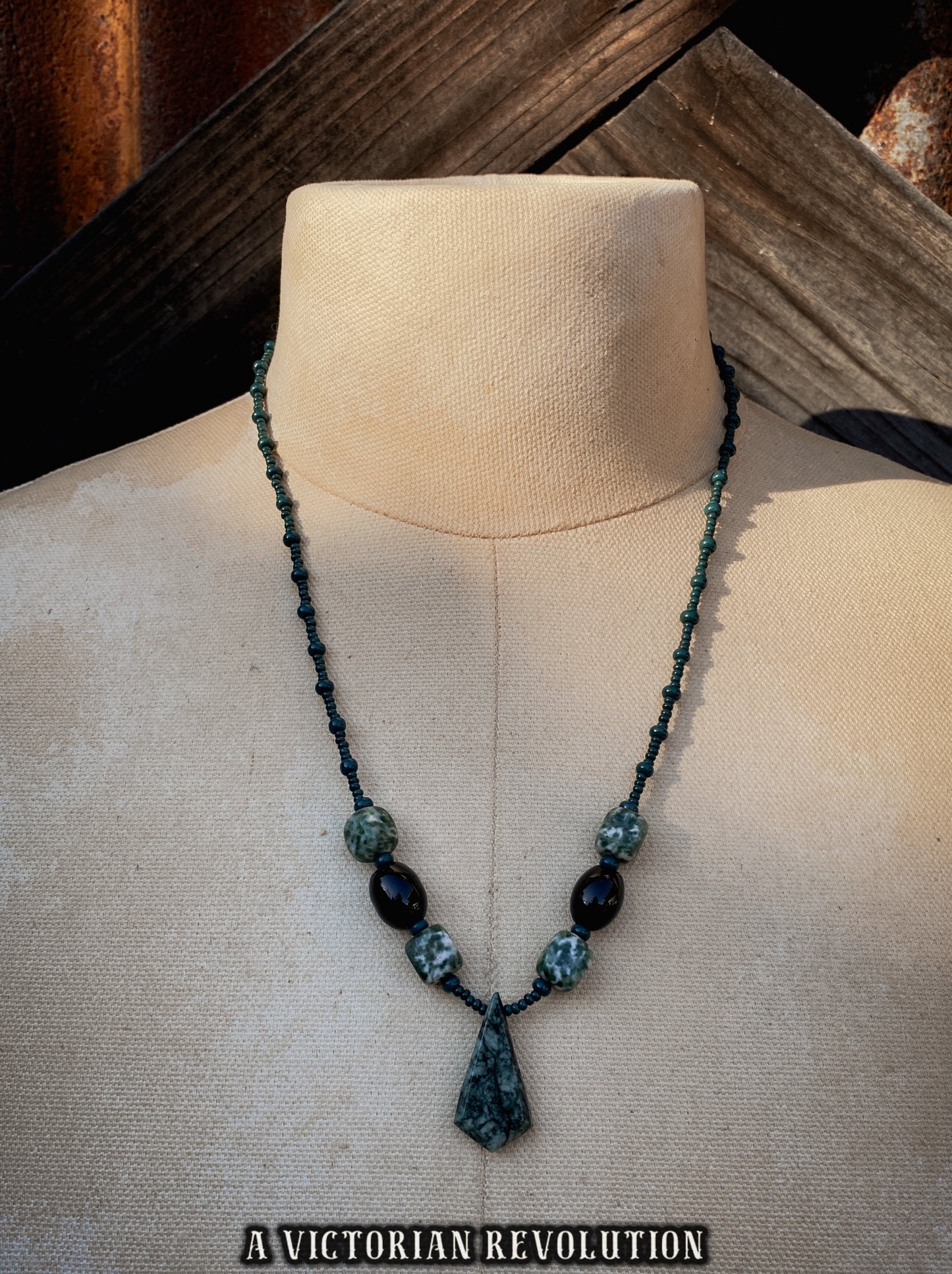 Moss Agate and Onyx Beaded Necklace - Earthy Green and Black Stone - Geometric Shield Pendant - Vintage Boho Style - Handcrafted Aesthetic