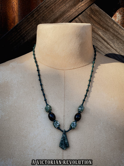 Moss Agate and Onyx Beaded Necklace - Earthy Green and Black Stone - Geometric Shield Pendant - Vintage Boho Style - Handcrafted Aesthetic