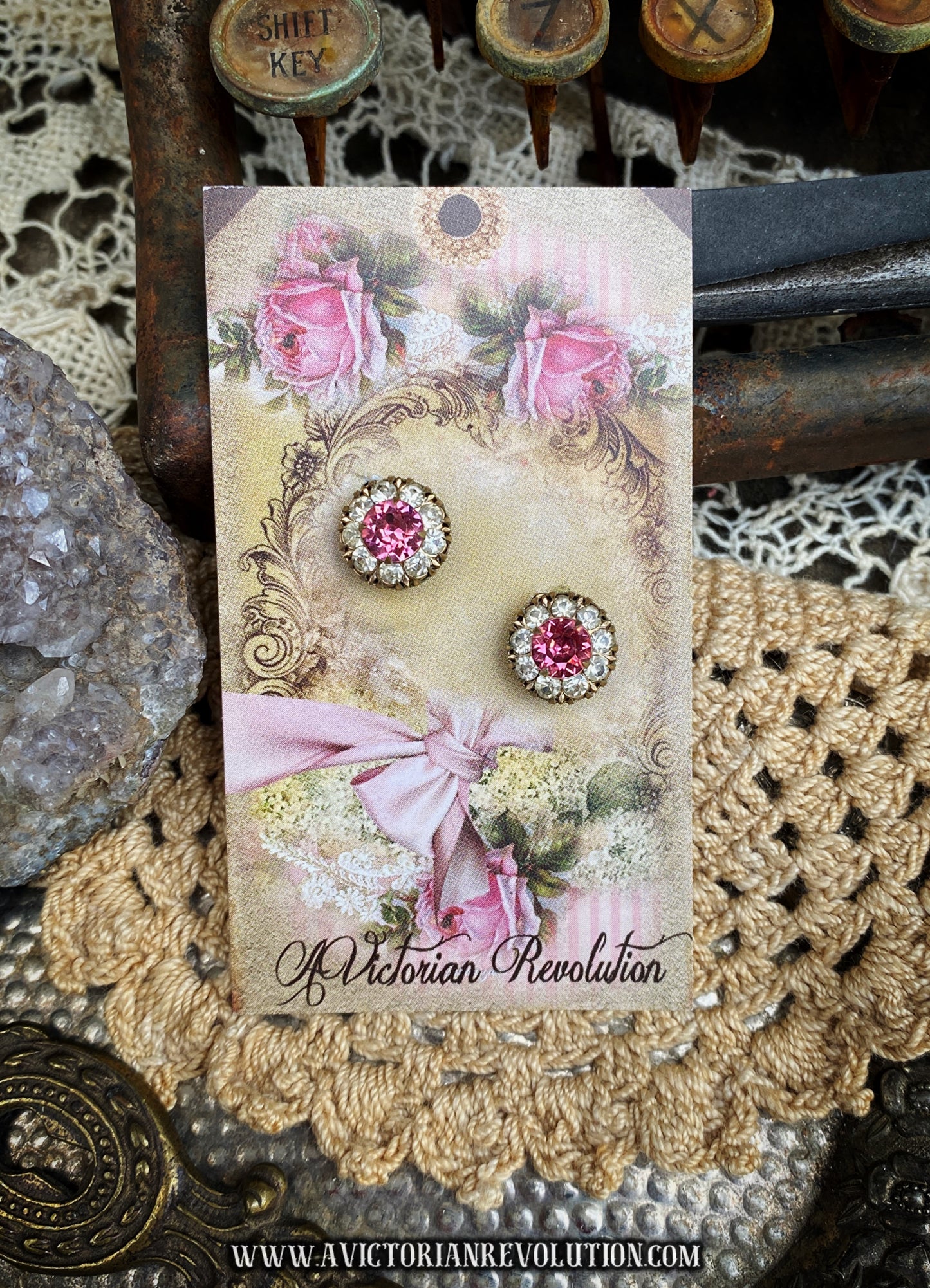 Pink Rhinestone Halo Clip On Earrings - Gold Tone - Vintage 1950s-1960s Style