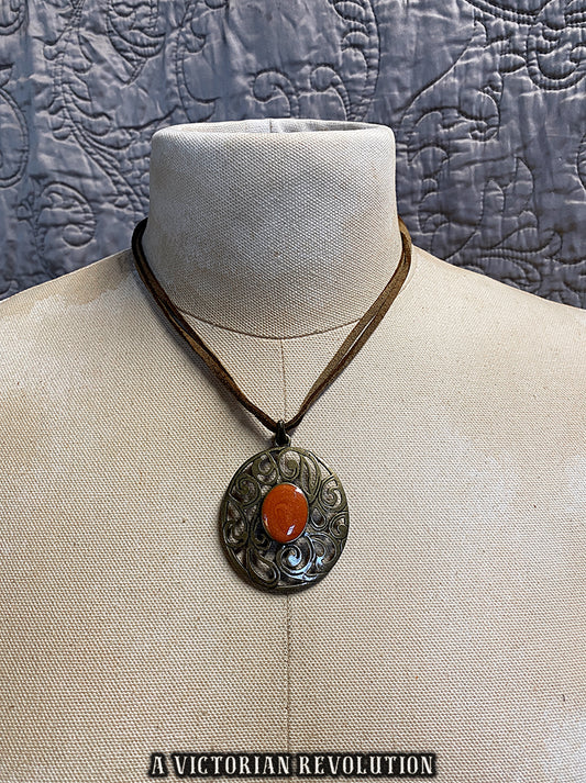 Whimsigoth - Fairy Grunge - Bronze Scroll Pendant Necklace with Rust Orange Center and Faux Suede Cord