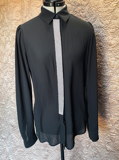 Michael Kors Black Sheer Blouse - Rhinestone Embellished Long Sleeve Button Down Shirt - Elegant, Modern - Small