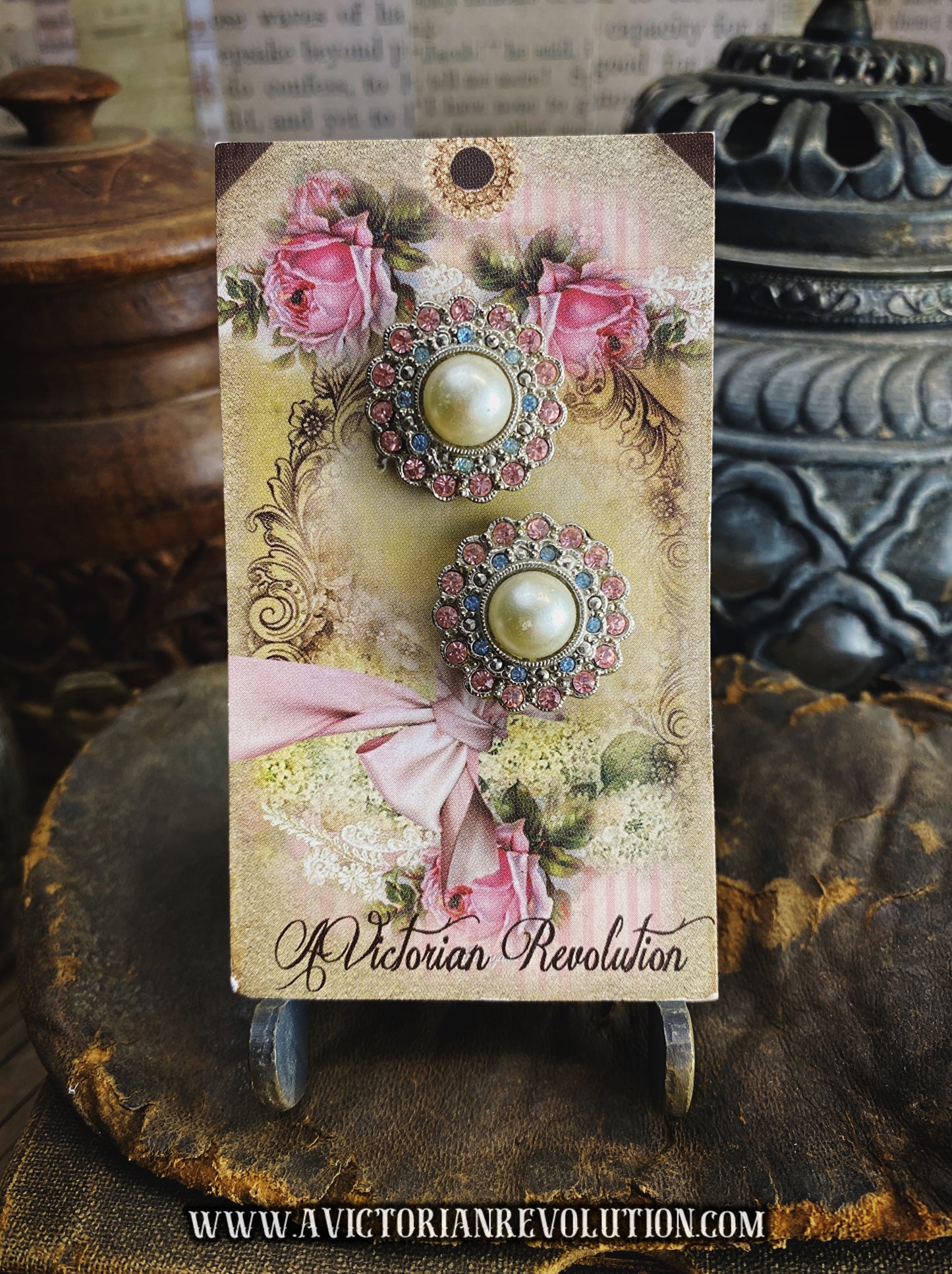 Faux Pearl and Pastel Rhinestone Cluster Earrings - Pink, Blue, and Cream - Vintage Floral Sunburst - Clip On
