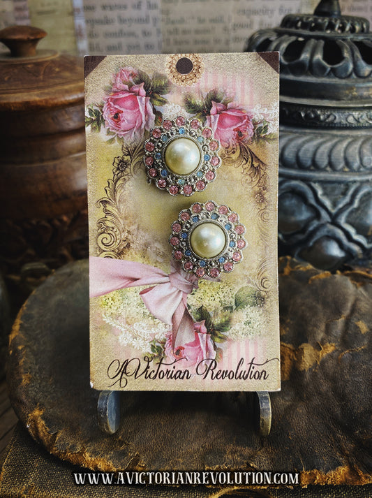 Faux Pearl and Pastel Rhinestone Cluster Earrings - Pink, Blue, and Cream - Vintage Floral Sunburst - Clip On