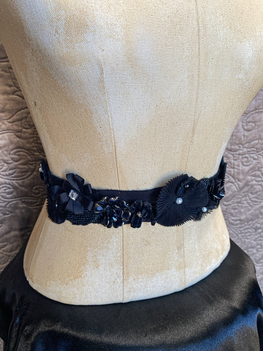 Black, Floral Embellished Sash Belt, Romantic Vintage Style, One Size, Beaded Ribbon with Tie Waist