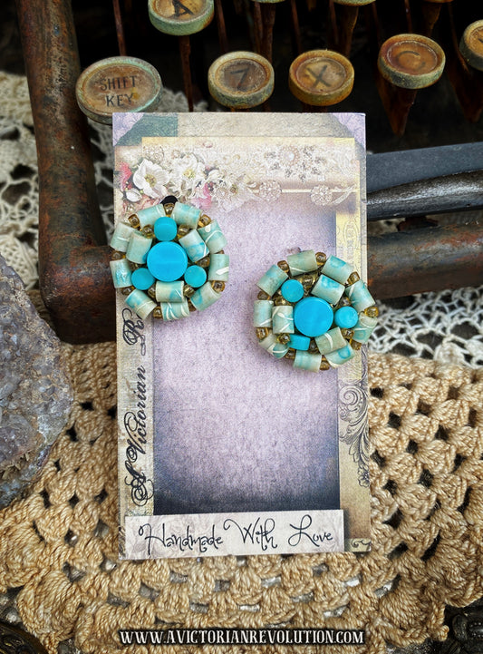 Turquoise and Blue Beaded Button Earrings - Handmade - Circular Cluster Design
