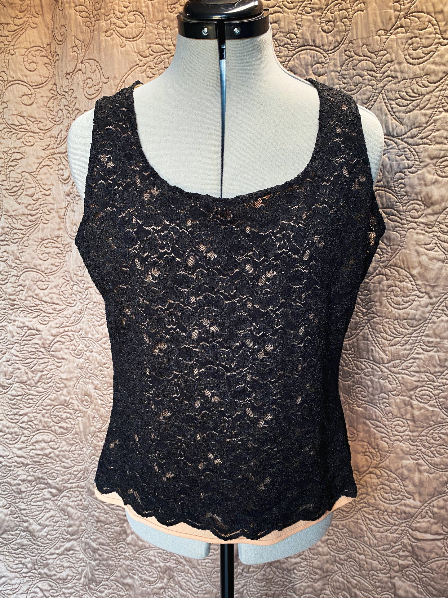 Black Floral Lace Tank Top- Coldwater Creek - Sleeveless Shirt - Size Medium 10/12