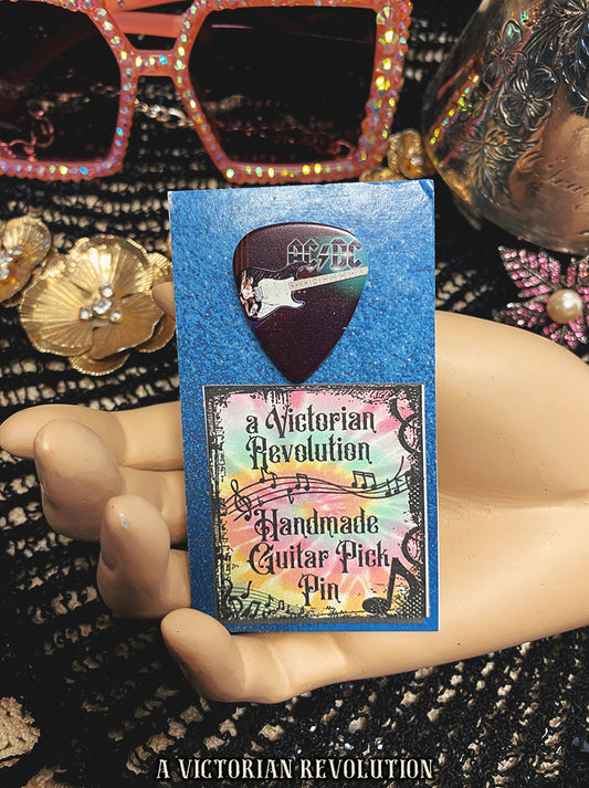 AC/DC Custom Upcycled Guitar Pick Pin - Handmade Rock Music Accessory - Unique Repurposed Jewelry Gift - Electric Guitar Pick Lapel Pin