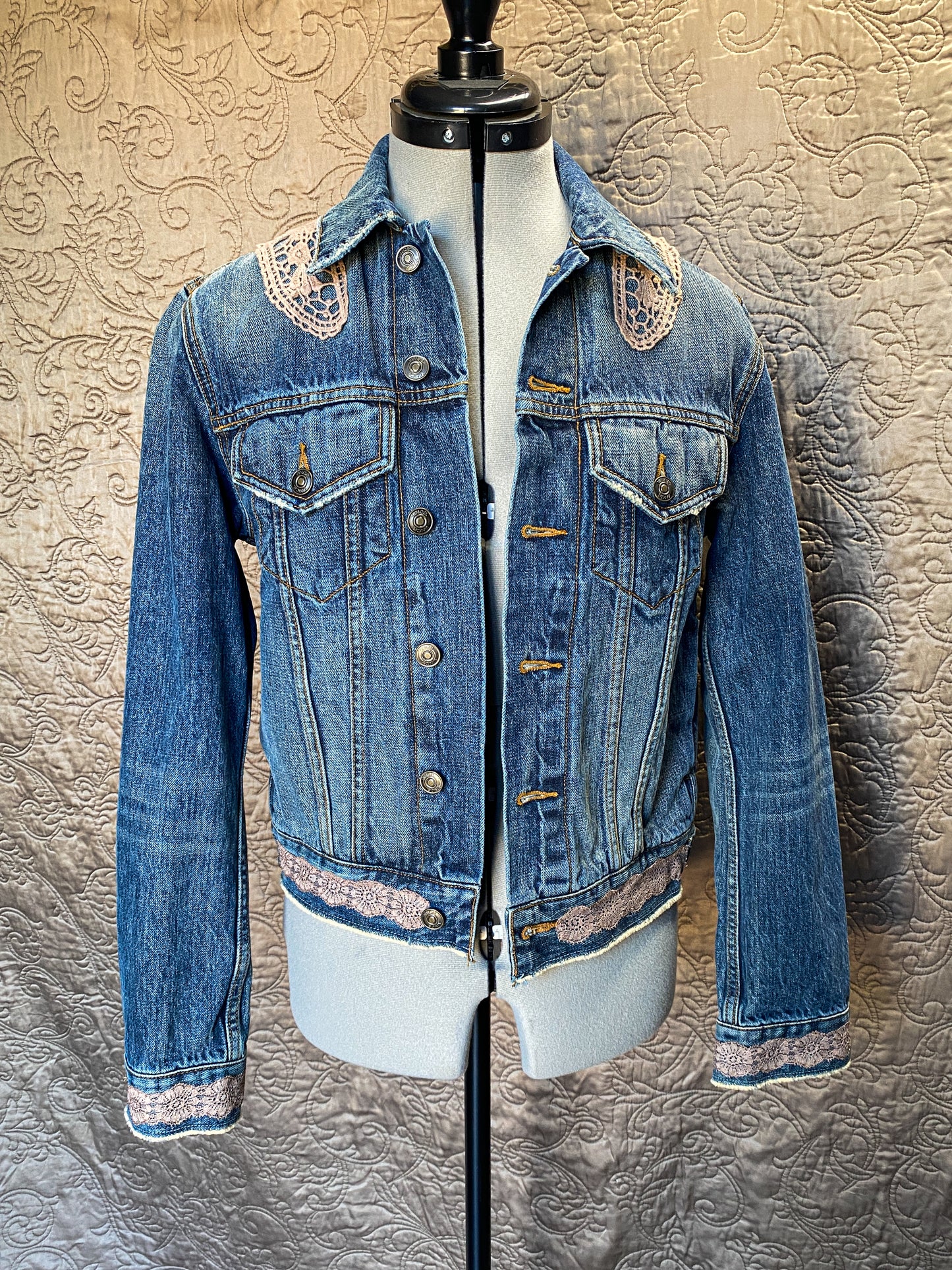 Upcycled Denim Jacket, Shabby Victorian Boho, Small, Crochet Lace Applique, Distressed Jean Jacket