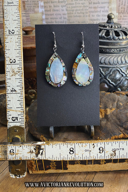 Iridescent White Mother of Pearl - Abalone Shell Mosaic Inlay - Teardrop Dangle Earrings - Used - Vintage Style