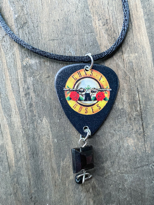 Retro 80s 90s Style Guns N' Roses Guitar Pick Necklace - Handmade Hard Rock Jewelry - Black Cord Pendant