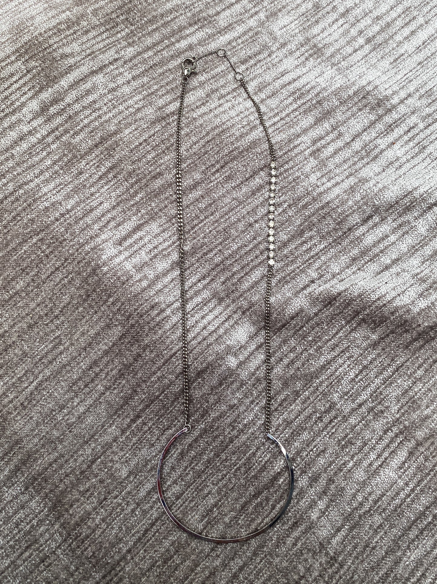 Silver Asymmetrical Geometric Hoop Necklace - Silvertone Statement Chain With Rhinestones - Modern Open Crescent Pendant