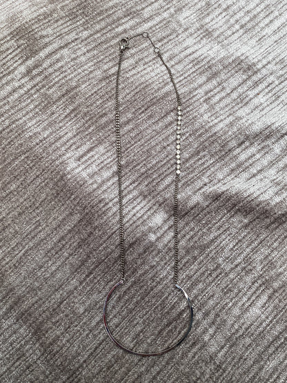 Silver Asymmetrical Geometric Hoop Necklace - Silvertone Statement Chain With Rhinestones - Modern Open Crescent Pendant