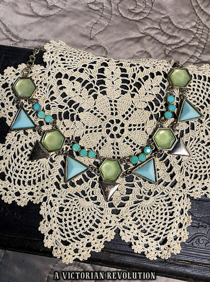 Mint Green and Teal Geometric Statement Necklace – Gold Tone Art Deco Revival Necklace - Costume Jewelry