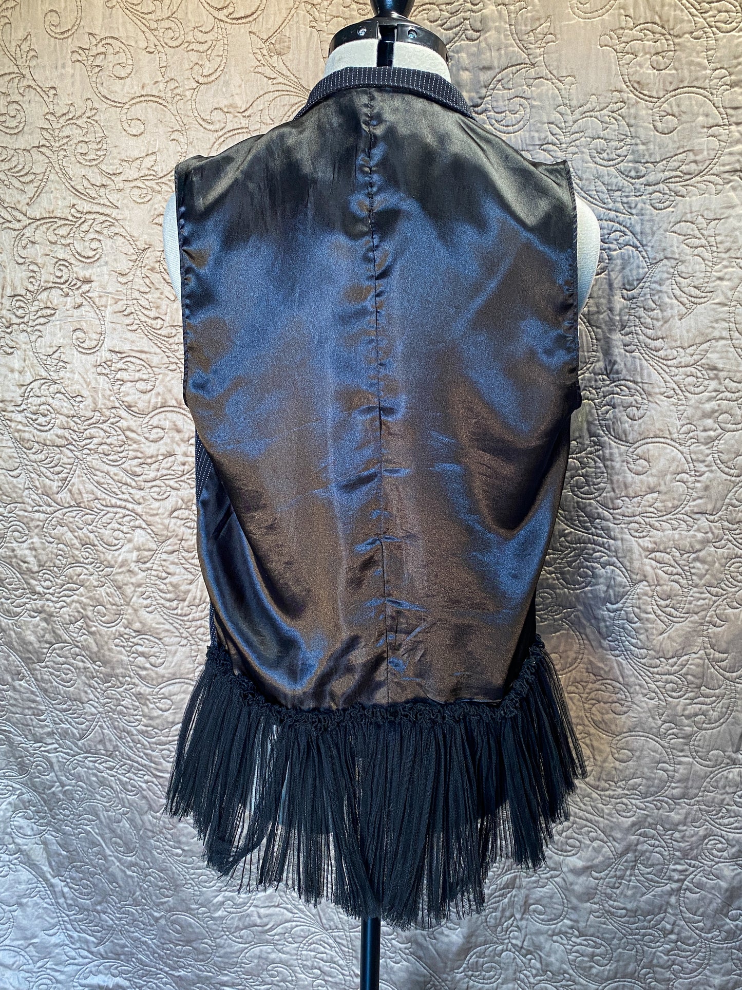 Black Pinstripe Upcycled Steampunk Vest - Lace Trim, Chain Detail, Tulle Ruffle - Gothic, Victorian, Cosplay - Small