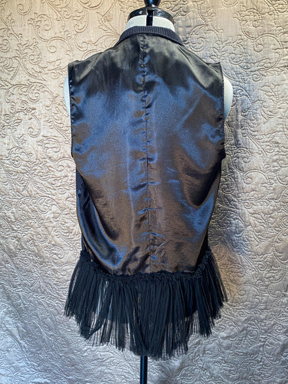 Black Pinstripe Upcycled Steampunk Vest - Lace Trim, Chain Detail, Tulle Ruffle - Gothic, Victorian, Cosplay - Small