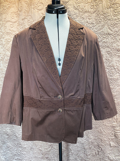 Brown Cotton Blazer - Lace Trim, Rhinestone Buttons - Women's Plus Size - XL 14/16