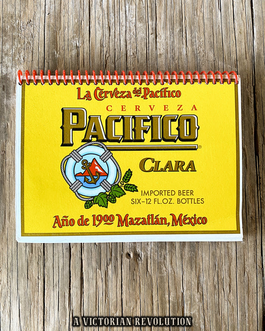 Handmade Upcycled Pacifico Clara Beer Spiral Notebook - Eco-Friendly Recycled Mazatlán Mexico Beer Box Journal - Unique Gifter Gift for Beer Lovers + Home Bar Decor - Sustainable Stationery Sketchbook - 1900 Heritage Label Art