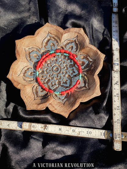 Red and Turquoise Beaded Choker Necklace - Retro