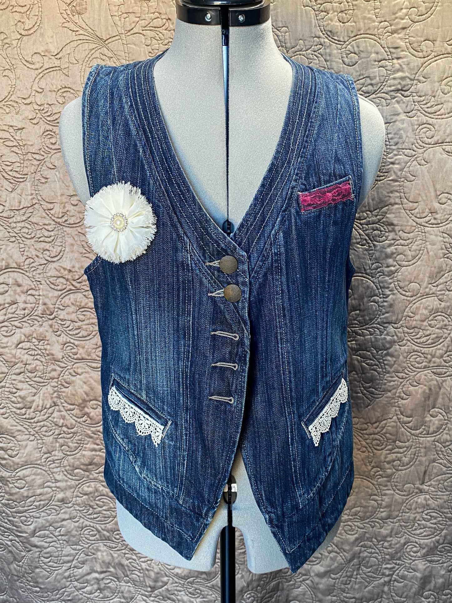 Denim Vest with White Flower - Medium