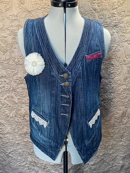 Denim Vest with White Flower - Medium